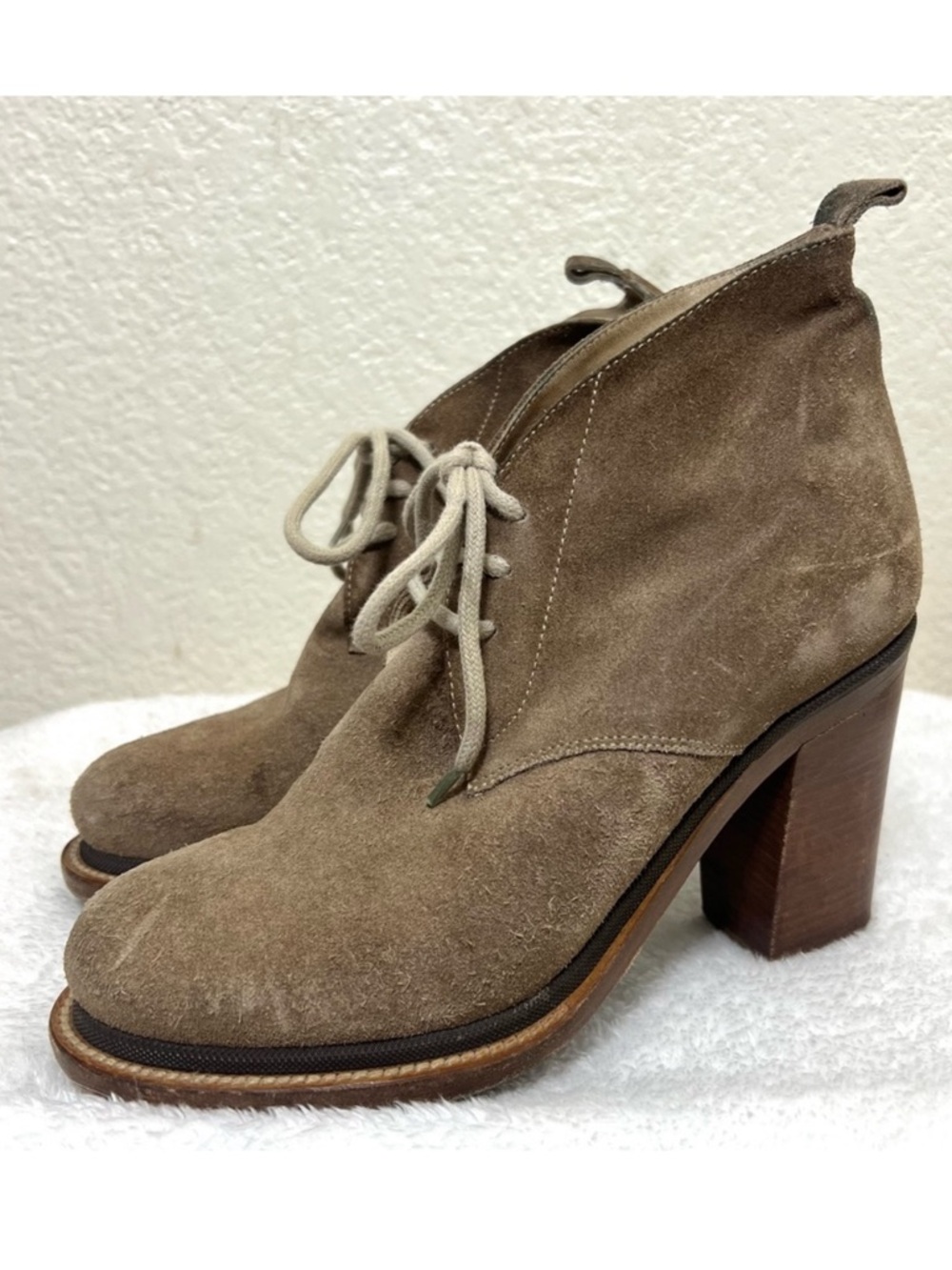 Jil Sander Heeled Lace Up Ankle Boots Tan Suede Leather Size 36.5